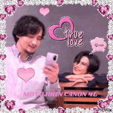 a picture of a man looking at his phone with the words true love written on it