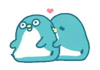 a couple of penguins hugging each other with a pink heart above them