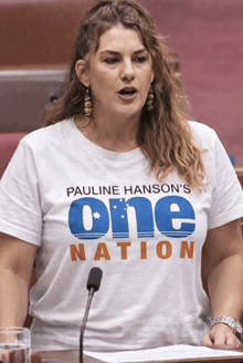 a woman wearing a pauline hanson 's one nation shirt