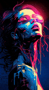 a colorful painting of a woman with glasses