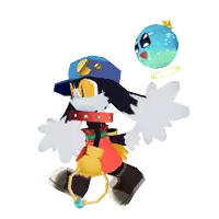 a cartoon character with wings and a blue hat holds a blue ball