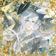 a picture of a boy with long white hair is surrounded by gold glitter