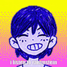 a drawing of a person with blue hair and the words `` i listen to rammstein ''