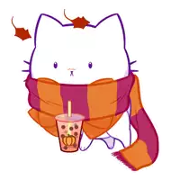 a white cat wearing a scarf and holding a cup with a straw
