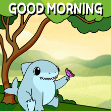 a cartoon of a shark holding a butterfly with the words " good morning " above it
