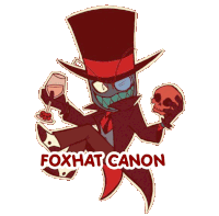 a sticker of a cartoon character holding a skull and a glass of wine says foxhat canon