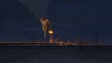 a cartoon character is standing on a rooftop at night
