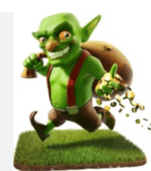 a green goblin is carrying a bag of gold coins and a bell .