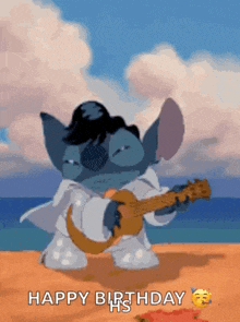 a cartoon character is playing a guitar and singing happy birthday .