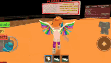 a girl with rainbow wings is standing in front of a sign that reads please read