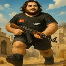 a painting of a man with a beard holding a gun in his hands .