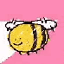 a cartoon bee with a bow on its head is flying on a pink background .
