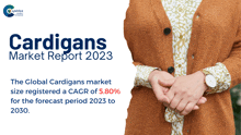 a poster for cardigans market report 2023 with a picture of a woman