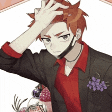 a man in a black jacket and red shirt is holding his hand to his head