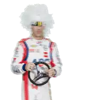a man wearing a wig and holding a steering wheel is wearing an acdelco uniform