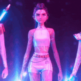 a girl in a crop top and shorts is standing in a dark room with purple lights behind her