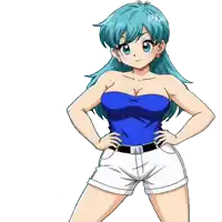 a cartoon girl with blue hair is wearing shorts and a blue top