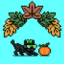 a pixel art of a black cat holding a pumpkin with leaves in the background