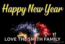 a happy new year greeting card with fireworks in the background .