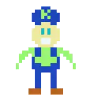 a pixel art drawing of a man in a blue hat and green pants holding a badminton racket .