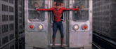 a man in a spiderman costume is standing in front of a train