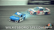 two race cars are racing on a track and the words wilkesboro speedway scar are on the bottom
