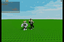 a screenshot of a video game shows two characters standing on a green field