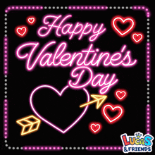 neon sign that says happy valentine 's day with hearts and an arrow