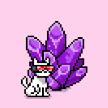 a pixel art of a white cat with a purple tail and red sunglasses .