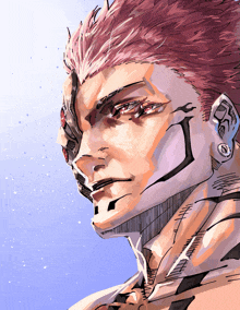 a close up of a person 's face with a blue sky in the background