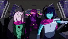 a pixel art of a group of characters in a car