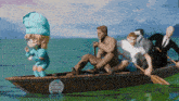 a group of people are in a boat with a sticker on the side that says ' world '
