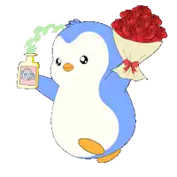a penguin is holding a bouquet of red roses and a bottle of perfume