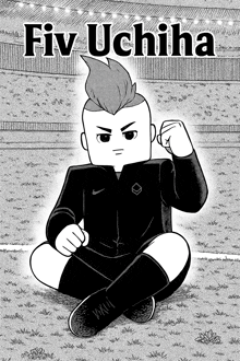 a black and white drawing of a soccer player with the name fiv uchiha