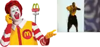a mcdonald 's clown talking on a phone next to a picture of a man