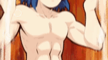 a shirtless anime character with blue hair is flexing his muscles while standing in front of a wooden wall .