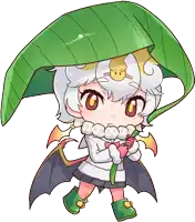 a drawing of a girl with bat wings holding a green leaf