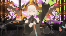 a cartoon girl is singing into a microphone in front of a drum set and flowers on the wall