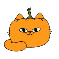 a cat shaped like a pumpkin with green eyes