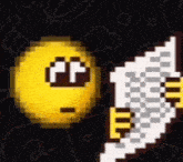 a pixel art drawing of a smiley face holding a piece of paper