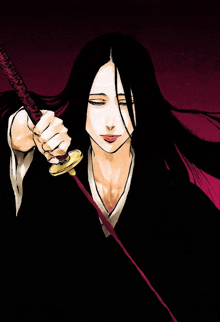 a woman with long black hair is holding a sword in her hand