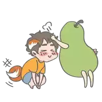a cartoon drawing of a boy with a fox tail and a pear