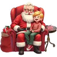 santa claus is sitting in a chair with a little boy on his lap