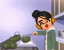 a cartoon girl wearing headphones is cutting vegetables in a kitchen