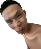 a shirtless man is making a funny face