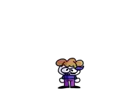 a cartoon character with a purple shirt and purple pants is standing in front of a white background .