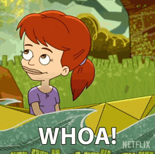 a cartoon of a girl with red hair says whoa on the bottom