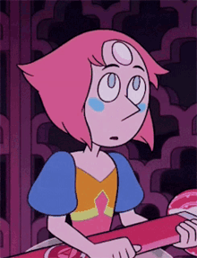 a close up of a cartoon character with a pink pearl