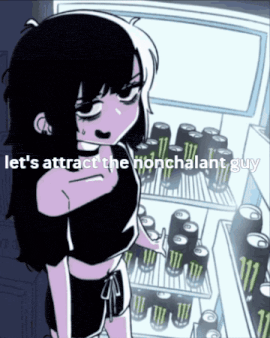 a cartoon of a girl standing in front of a fridge full of monster energy drinks