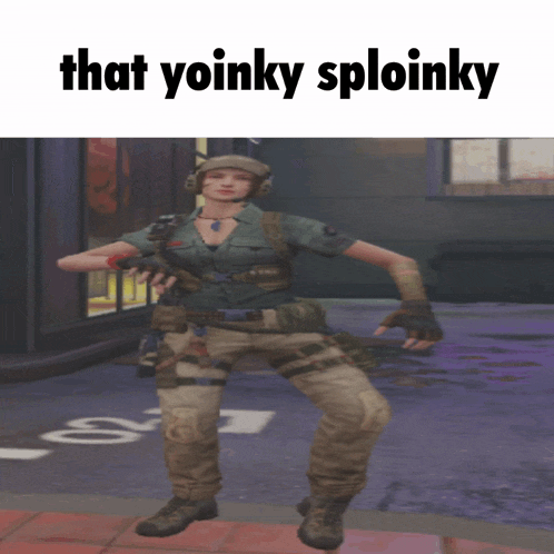 a woman in a military uniform is dancing in front of a sign that says " that yoinky sploinky "